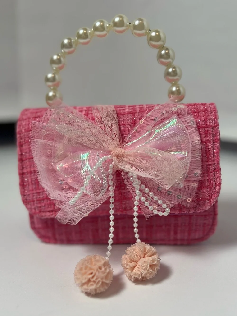 NWOT Girls Pink Tweed Pearl Handle Bow Mini Crossbody Purse